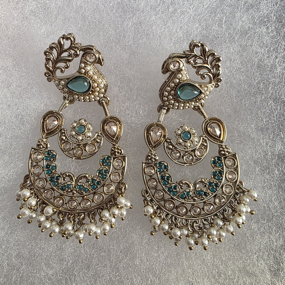 Elegant Gold and Teal Peacock Earrings